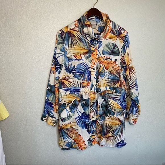 Chicos Jacket Women PMedium Linen Palm Print Snap Front Safari Roll Tab Sleeve - Picture 8 of 12